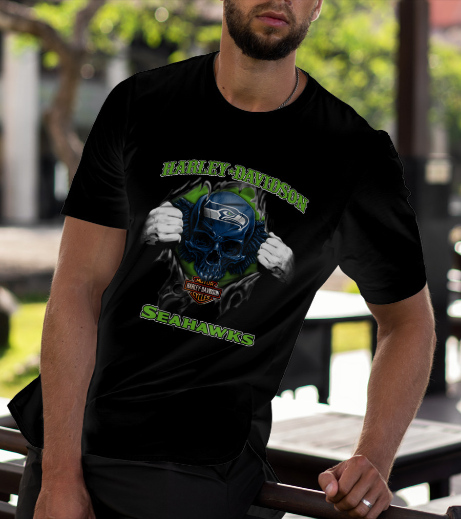 Harley Davidson Nfl Skull Seattle Seahawks Cycles T-Shirt