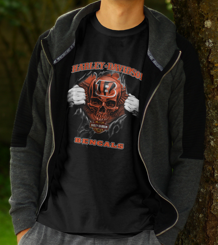 Harley Davidson Nfl Skull Cincinnati Bengals Motorcycles T-Shirt