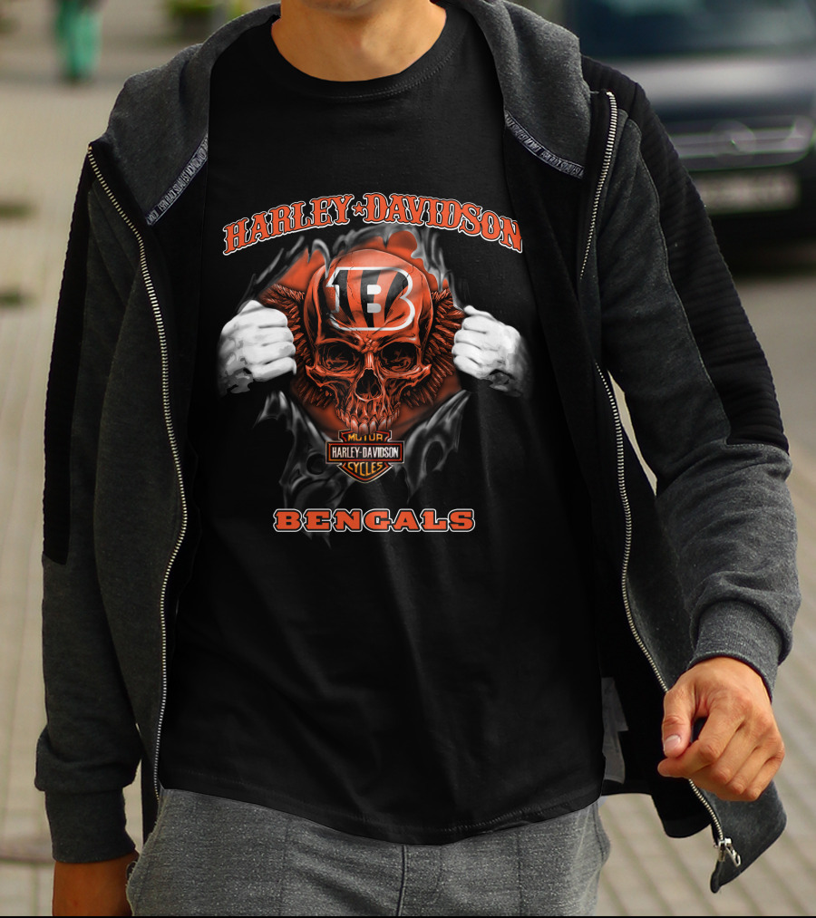 Harley Davidson Nfl Skull Cincinnati Bengals Motorcycles T-Shirt