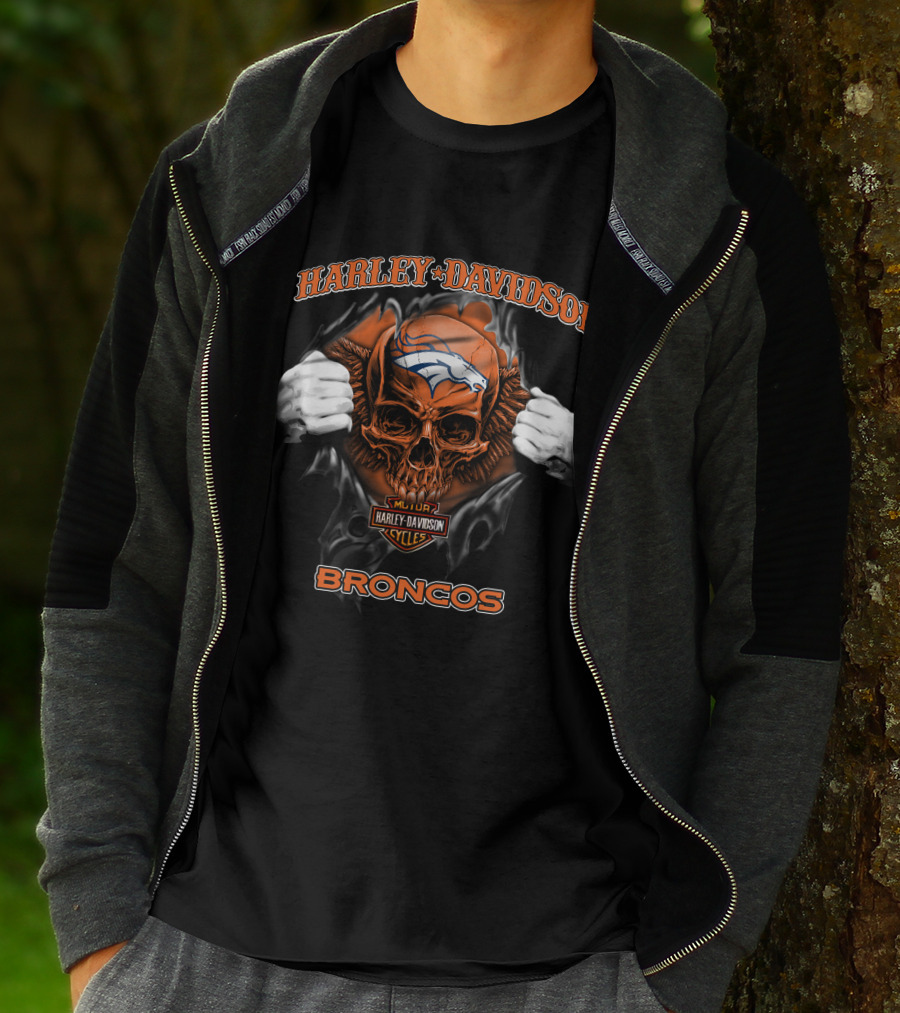 Harley Davidson Skull Denver Broncos Nfl Cycles T-Shirt