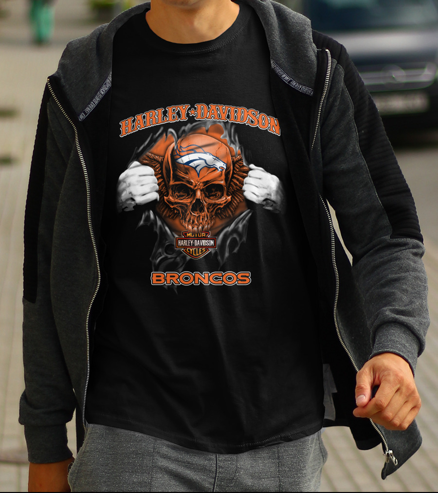 Harley Davidson Skull Denver Broncos Nfl Cycles T-Shirt