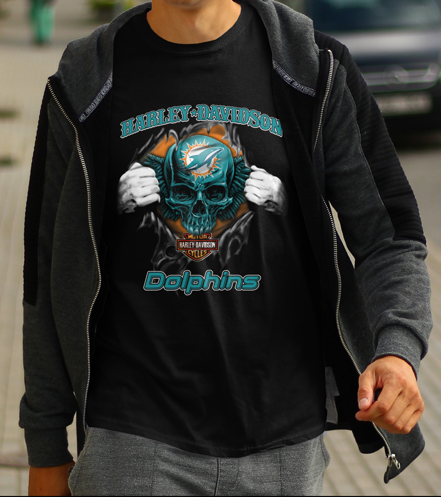 Harley Davidson Miami Dolphins Skull Nfl Cycles T-Shirt