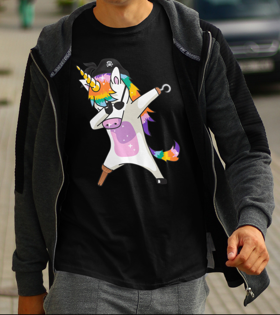 Dabbing Unicorn Pirate With Rainbow Mane Wearing Eyepatch And Pirate Hat T-Shirt