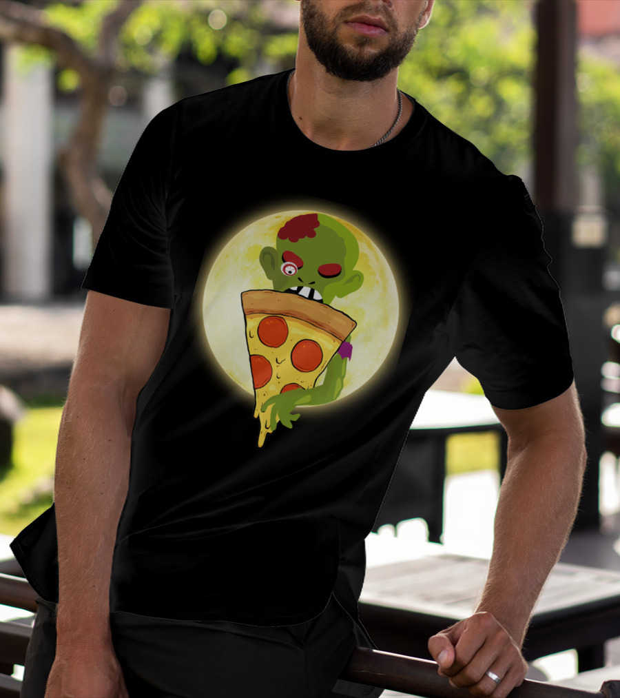 Zombie Eating Pepperoni Pizza Under Full Moon T-Shirt