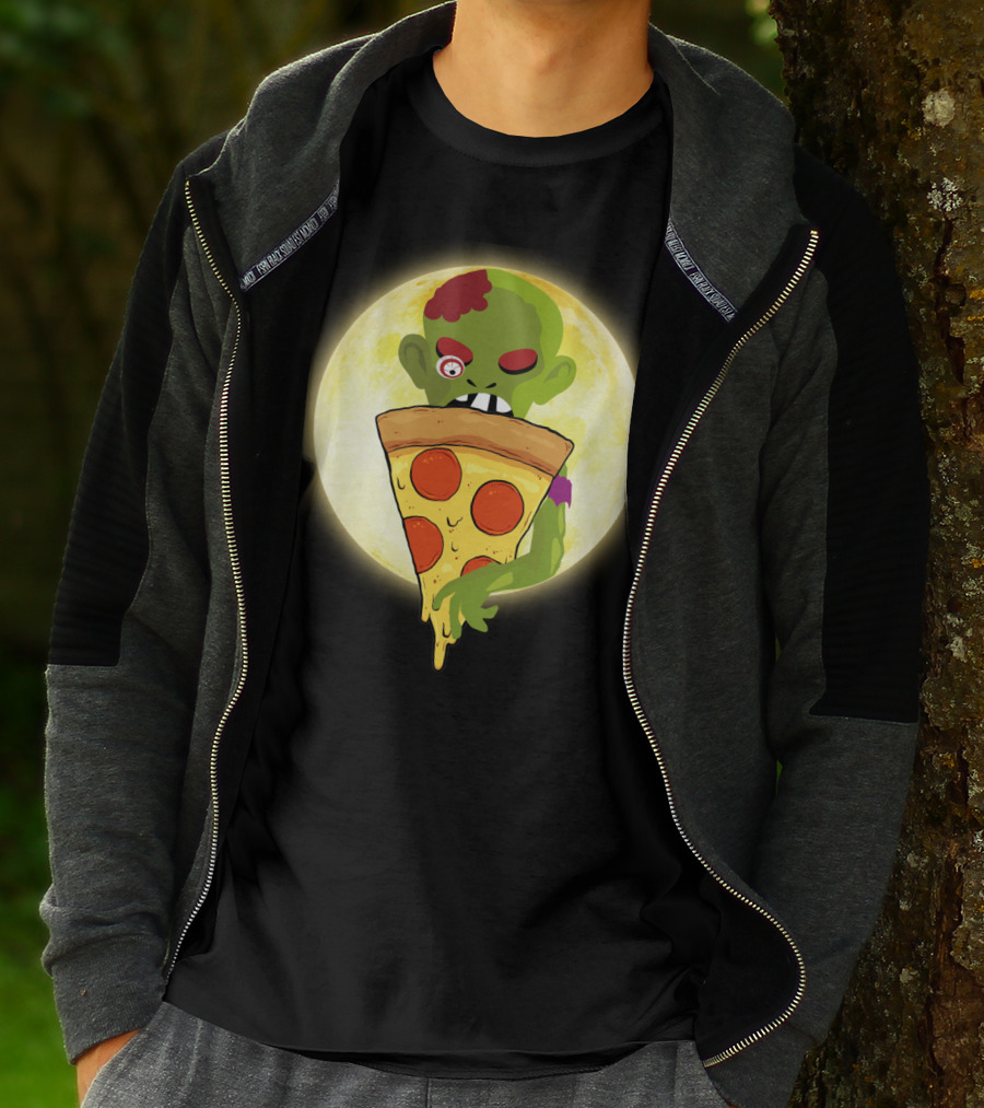 Zombie Eating Pepperoni Pizza Under Full Moon T-Shirt