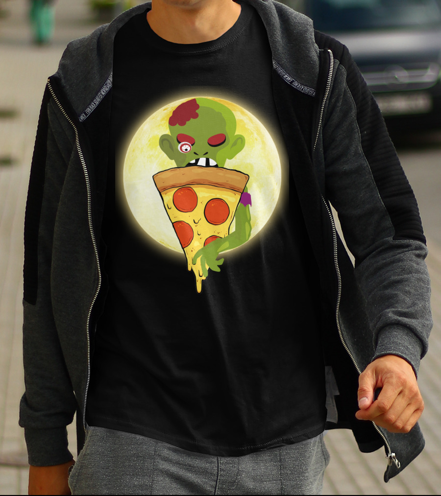 Zombie Eating Pepperoni Pizza Under Full Moon T-Shirt