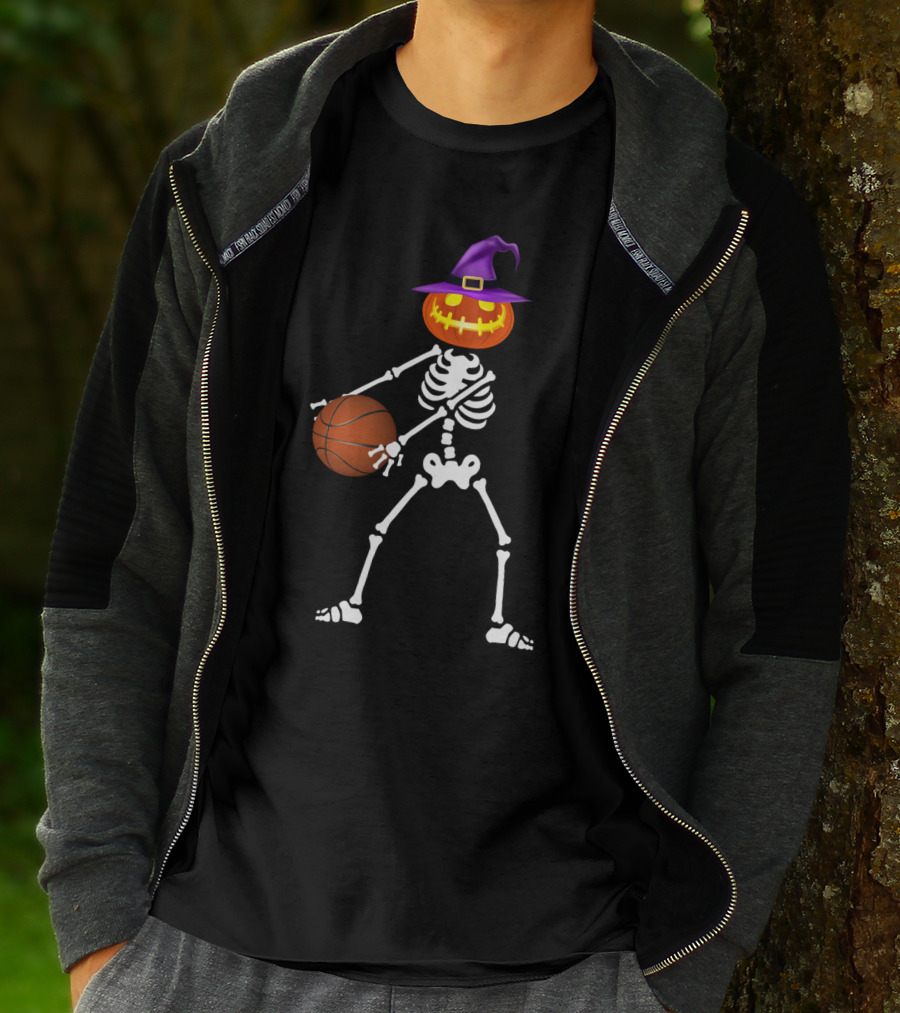 Skeleton Pumpkin Witch Basketball Flossing Dance Halloween Costume T-Shirt