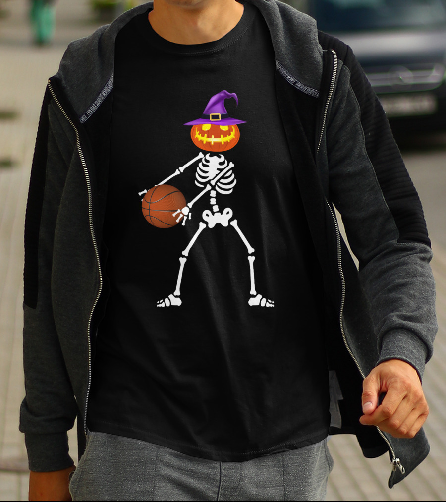 Skeleton Pumpkin Witch Basketball Flossing Dance Halloween Costume T-Shirt