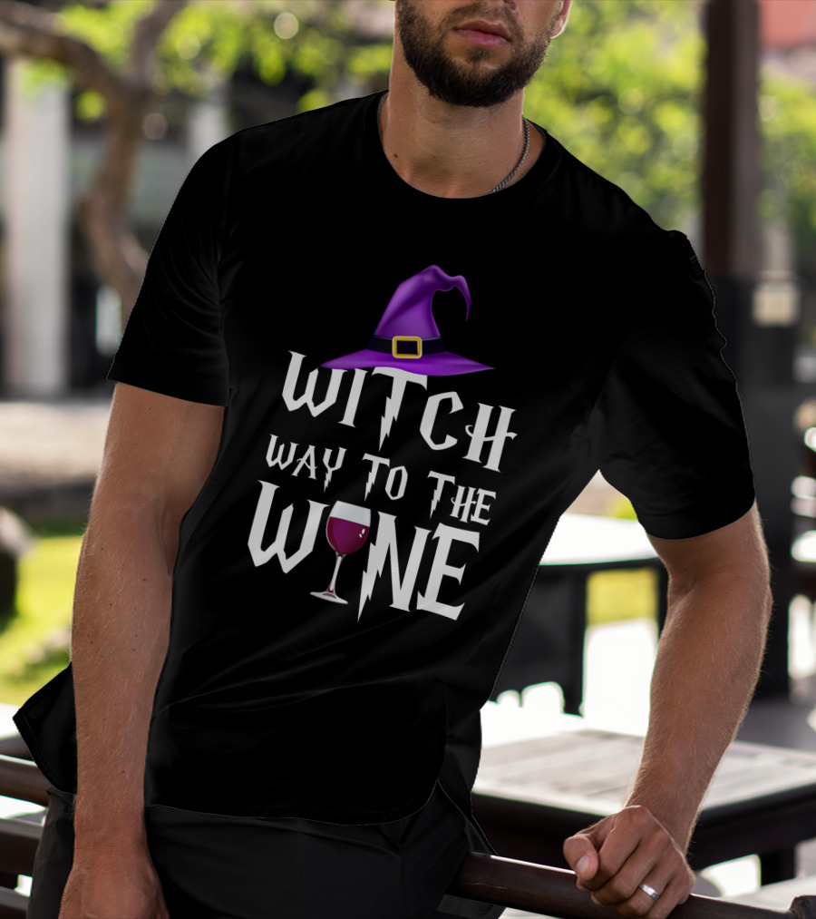Purple Witch Hat And Wine Glass With Witch Way To The Wine Text In Lightning Font T-Shirt