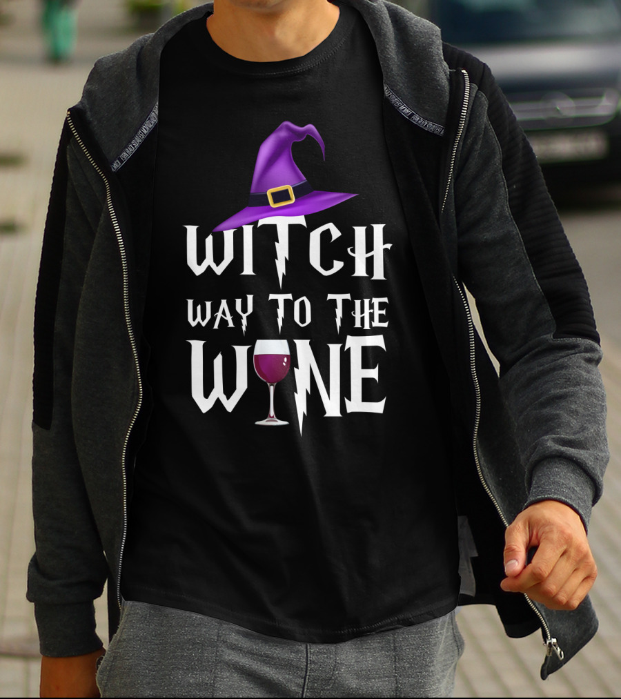 Purple Witch Hat And Wine Glass With Witch Way To The Wine Text In Lightning Font T-Shirt