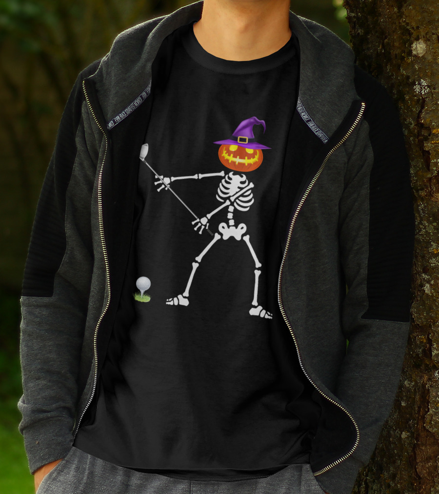 Golf Skeleton With Witch Pumpkin Head Halloween Lazy T-Shirt