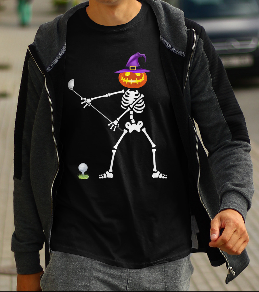 Golf Skeleton With Witch Pumpkin Head Halloween Lazy T-Shirt