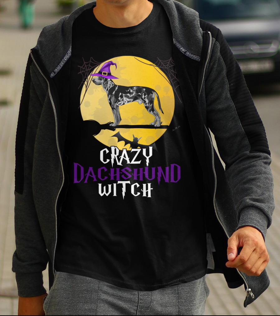 Crazy Dachshund Witch Dog With Purple Hat And Broom Halloween T-Shirt