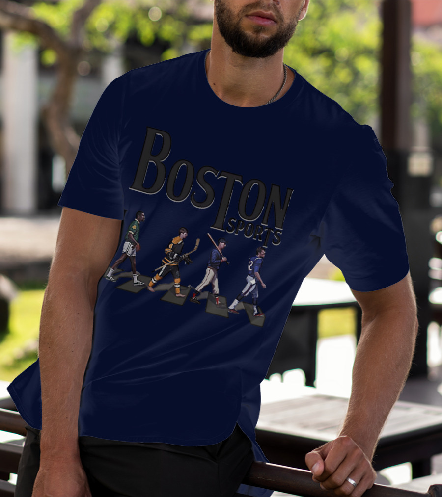 Boston Sports Evolution Inspired By Iconic Athletes In Green Basketball, Yellow Hockey, Baseball, And Blue Football Jerseys T-Shirt