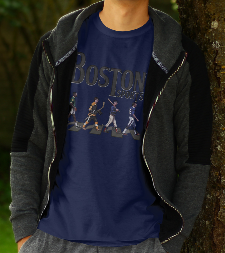 Boston Sports Evolution Inspired By Iconic Athletes In Green Basketball, Yellow Hockey, Baseball, And Blue Football Jerseys T-Shirt