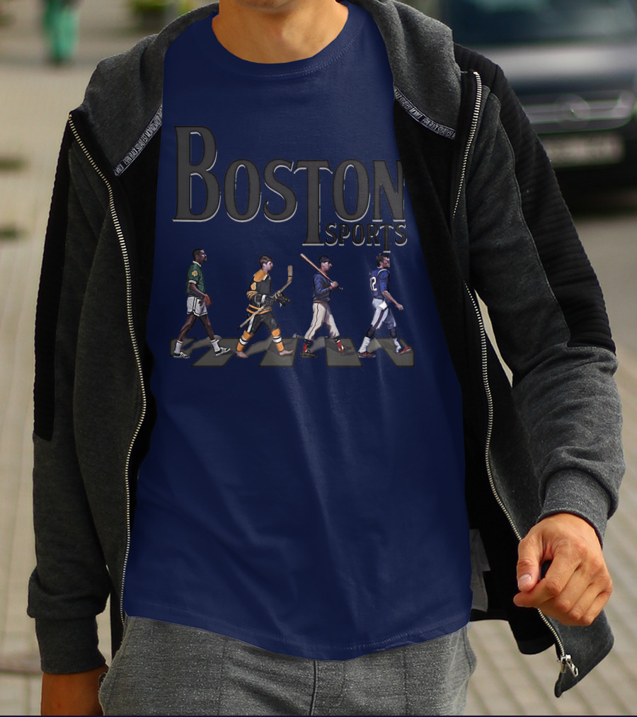 Boston Sports Evolution Inspired By Iconic Athletes In Green Basketball, Yellow Hockey, Baseball, And Blue Football Jerseys T-Shirt