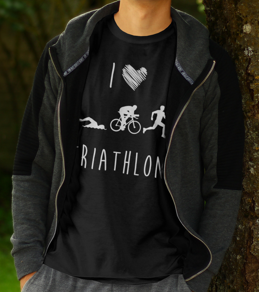I Love Triathlon Featuring Swim Bike Run Iconography T-Shirt