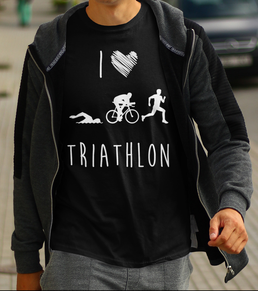 I Love Triathlon Featuring Swim Bike Run Iconography T-Shirt