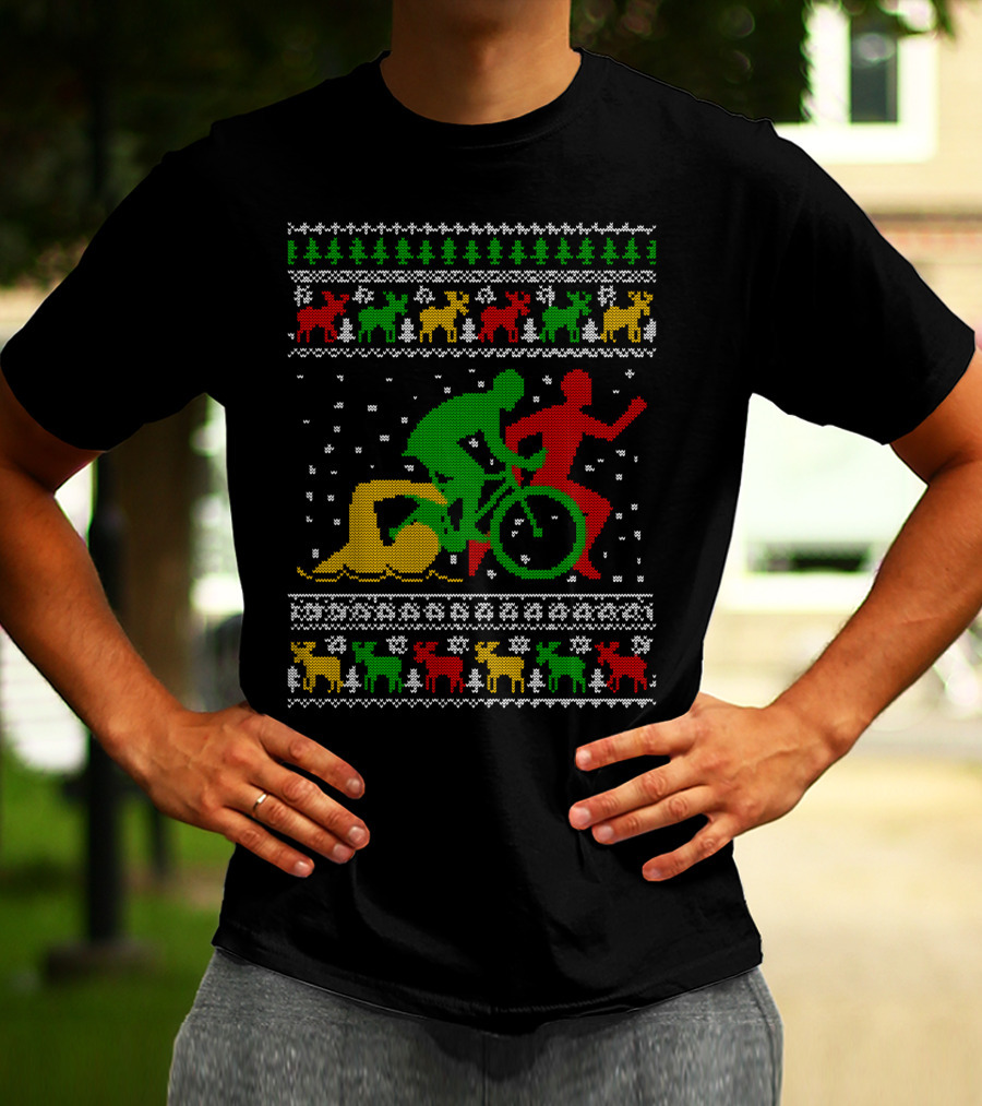 Merry Christmas Triathlon Ugly Sweater Swim Bike Run Festive Reindeer Holiday T-Shirt