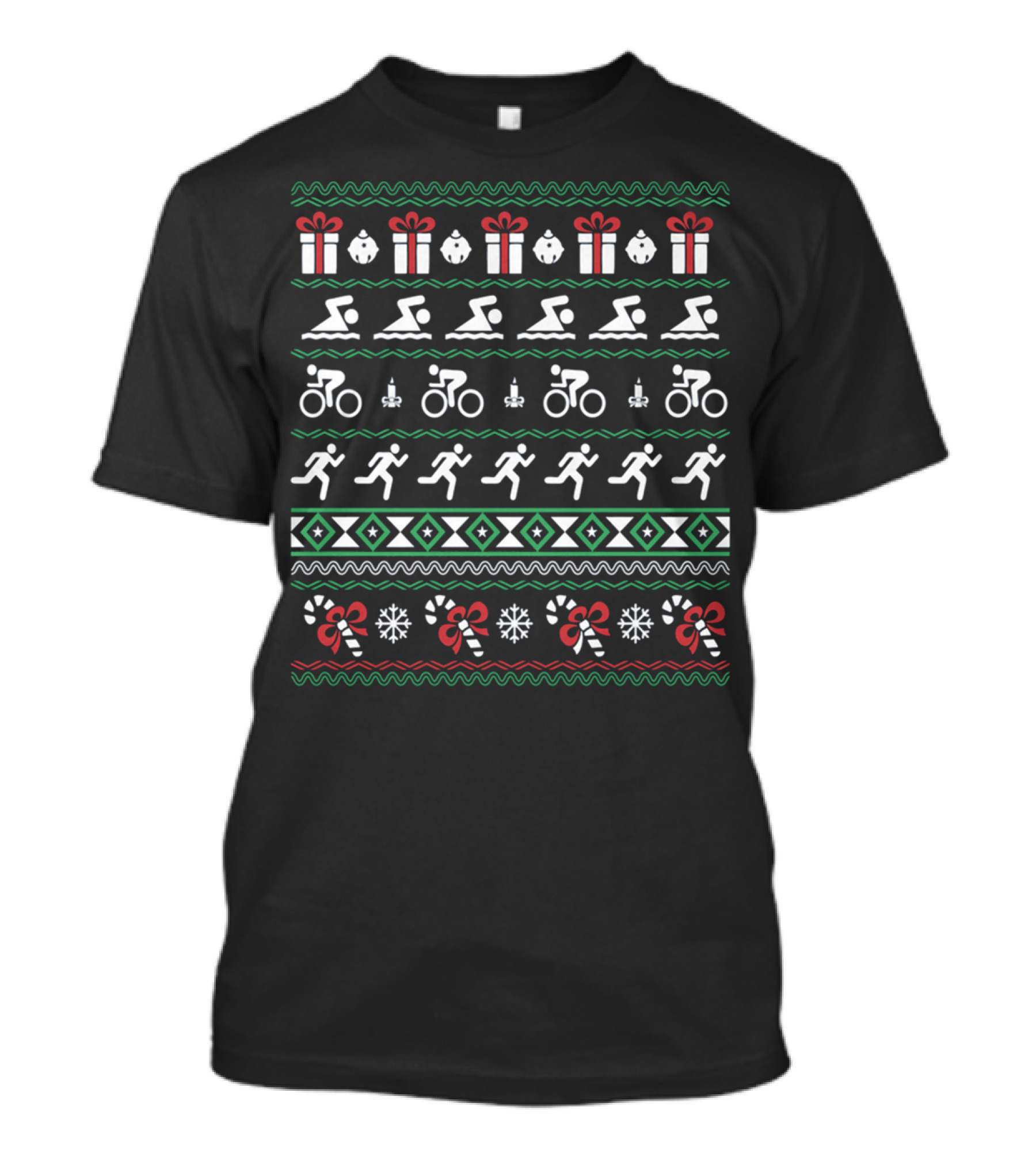 Triathlon Christmas Ugly Sweater Style With Gifts And Candy Canes T-Shirt