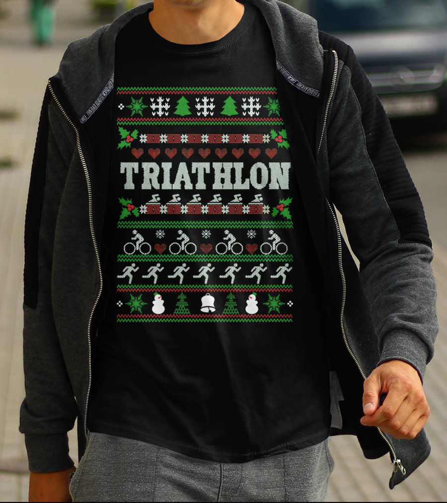 Triathlon Christmas Ugly Sweater Design With Swim Bike Run Motifs T-Shirt