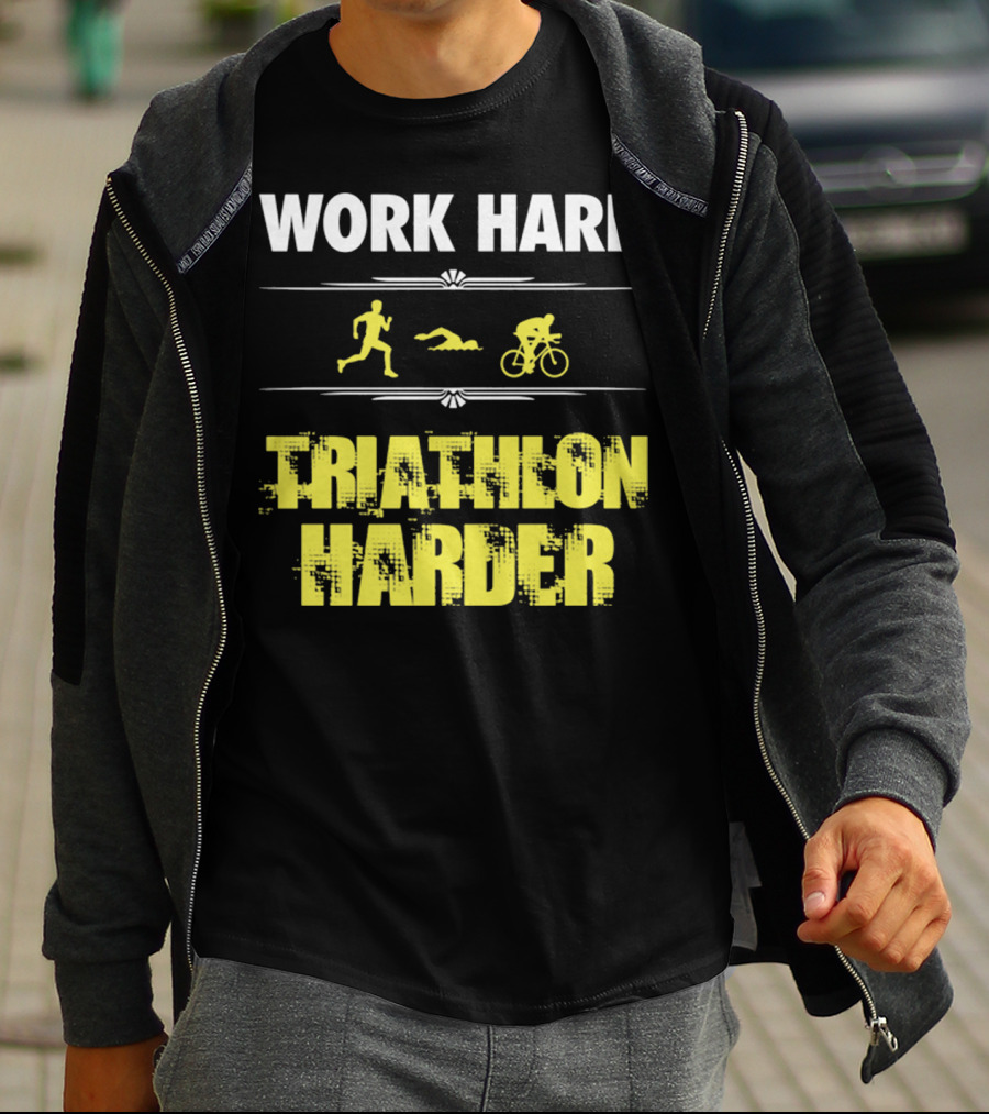 Work Hard Triathlon Harder Running Swimming Cycling Icons T-Shirt