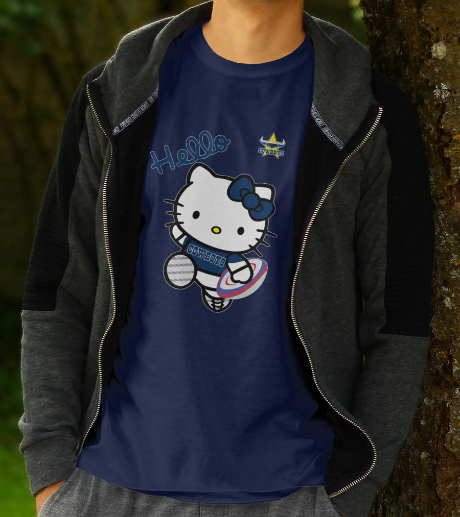 Hello Kitty North Queensland Cowboys Crossover With Rugby Ball T-Shirt