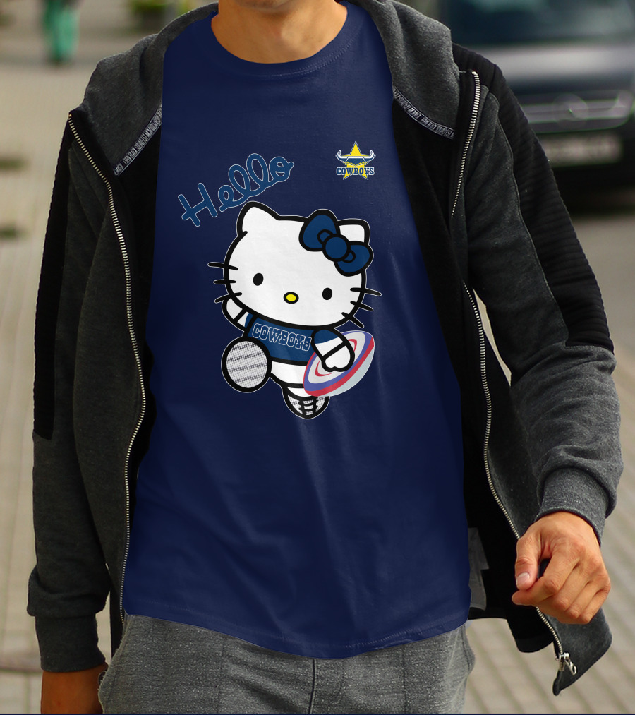 Hello Kitty North Queensland Cowboys Crossover With Rugby Ball T-Shirt