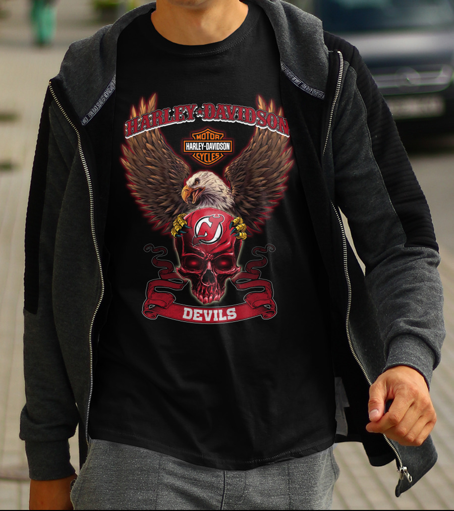 Harley Davidson Motor Cycles Eagle New Jersey Devils Skull T-Shirt