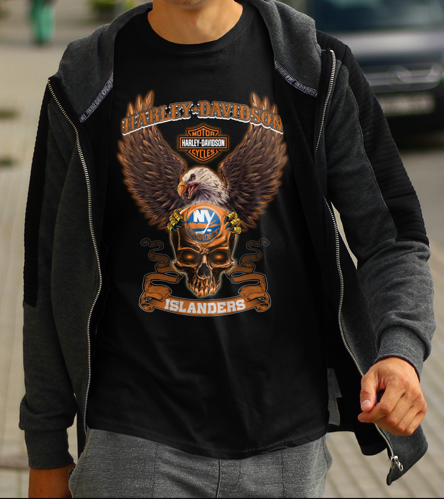 Harley Davidson Motor Cycles New York Islanders Eagle Skull T-Shirt