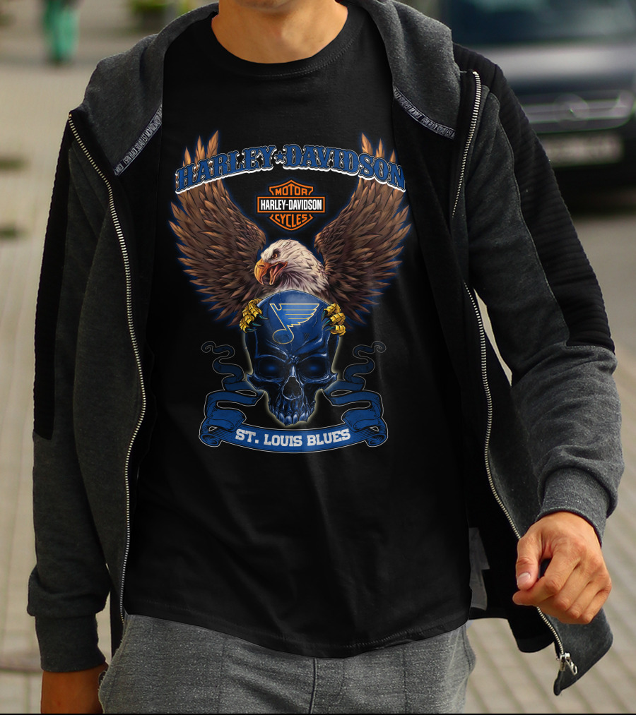 Harley Davidson Motor Cycles St Louis Blues Eagle Skull T-Shirt