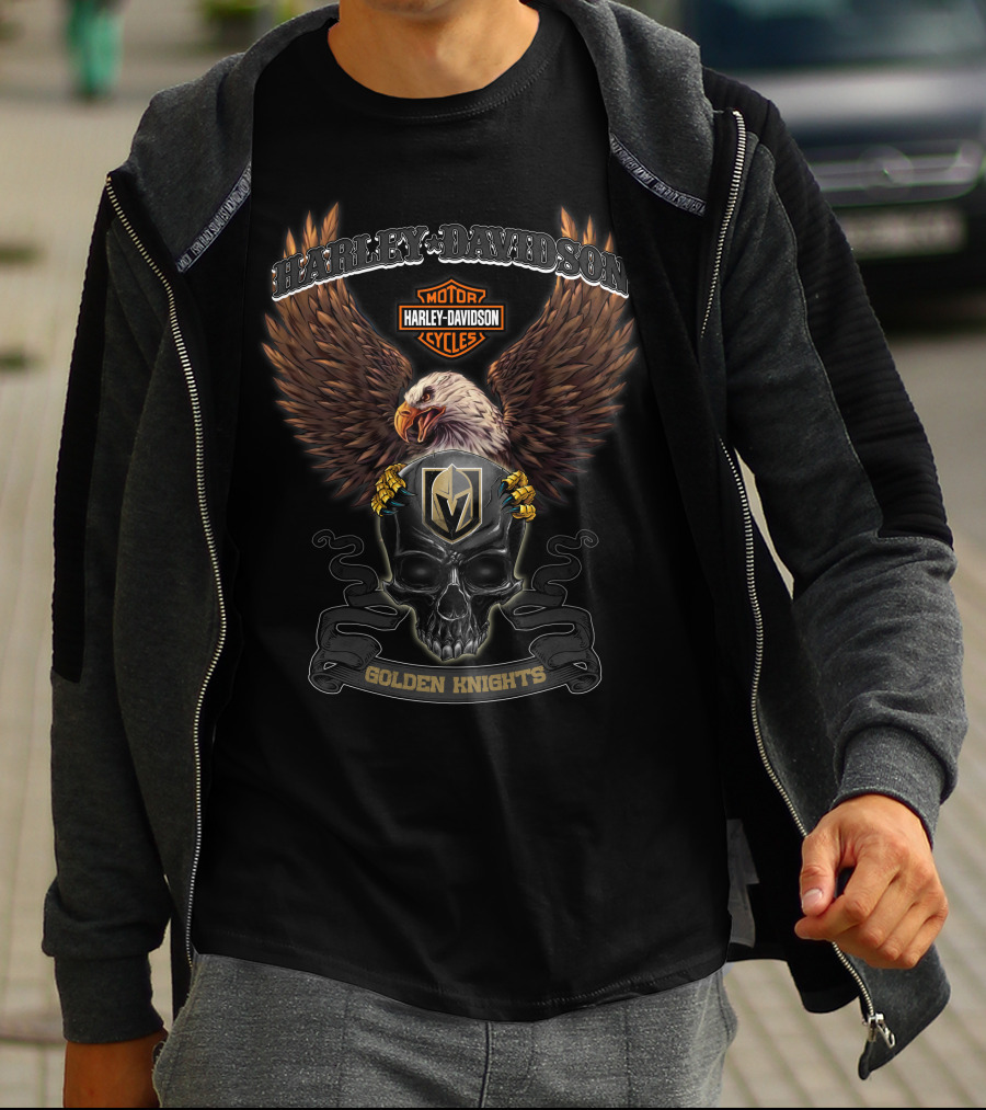 Harley Davidson Motor Cycles Eagle Vegas Golden Knights Skull T-Shirt