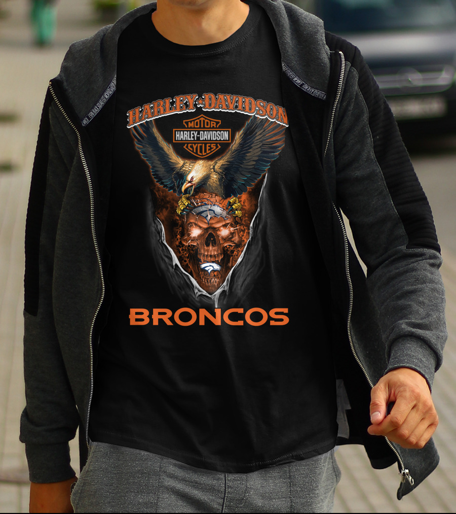 Harley Davidson Motor Cycles Eagle Skull Broncos T-Shirt