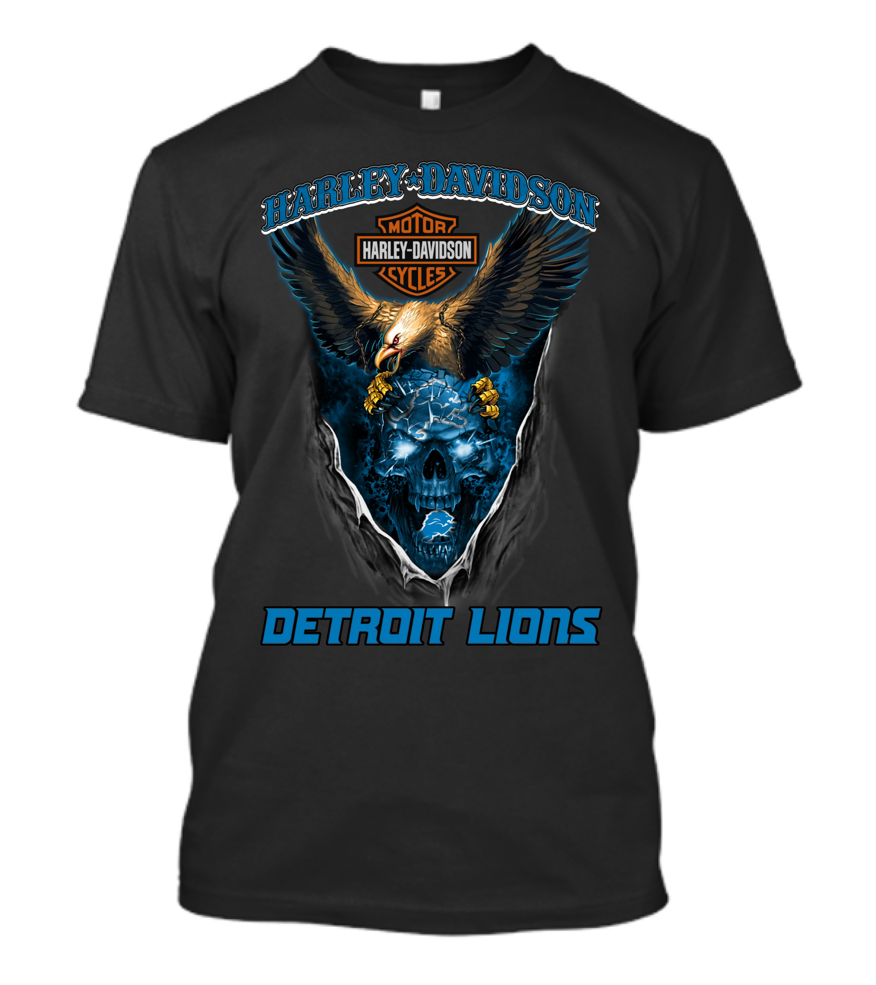 Harley Davidson Motor Cycles Detroit Lions Eagle Skull T-Shirt