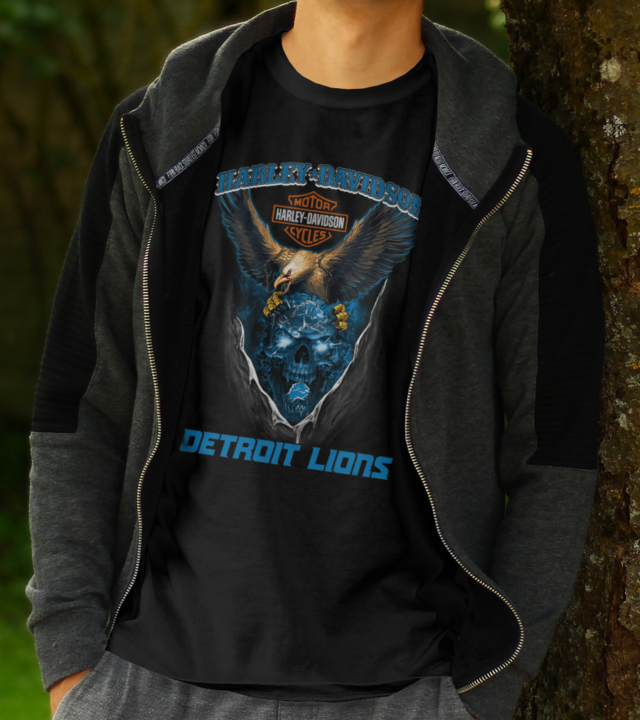 Harley Davidson Motor Cycles Detroit Lions Eagle Skull T-Shirt
