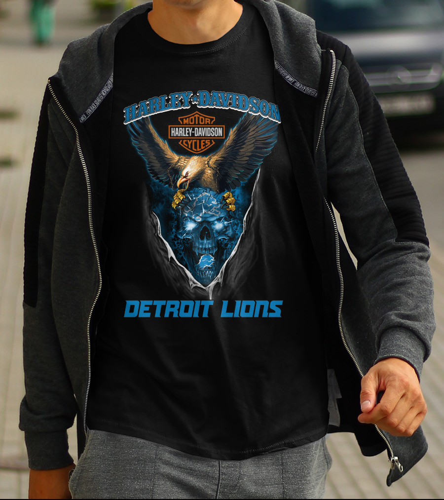 Harley Davidson Motor Cycles Detroit Lions Eagle Skull T-Shirt