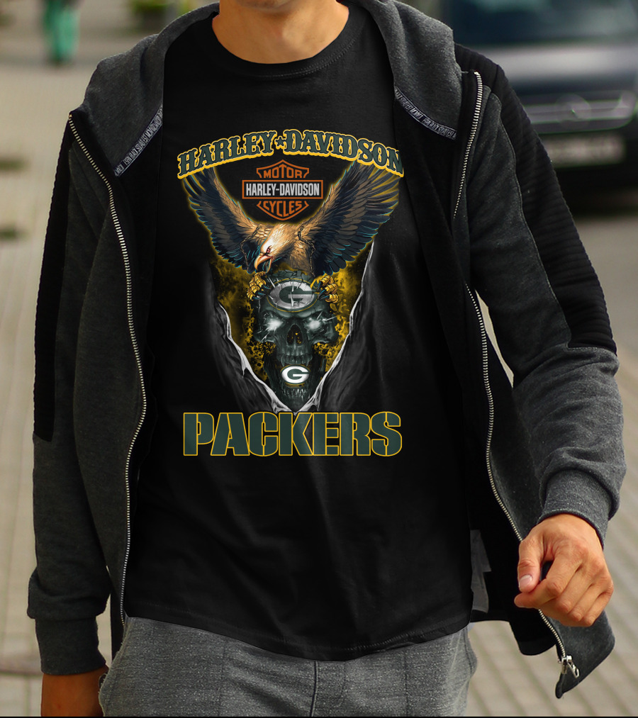 Harley Davidson Motorcycles Green Bay Packers Eagle And Skull T-Shirt