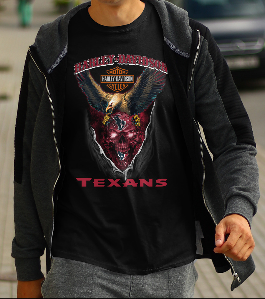 Harley Davidson Motor Cycles Eagle Skull Texans Houston Nfl T-Shirt
