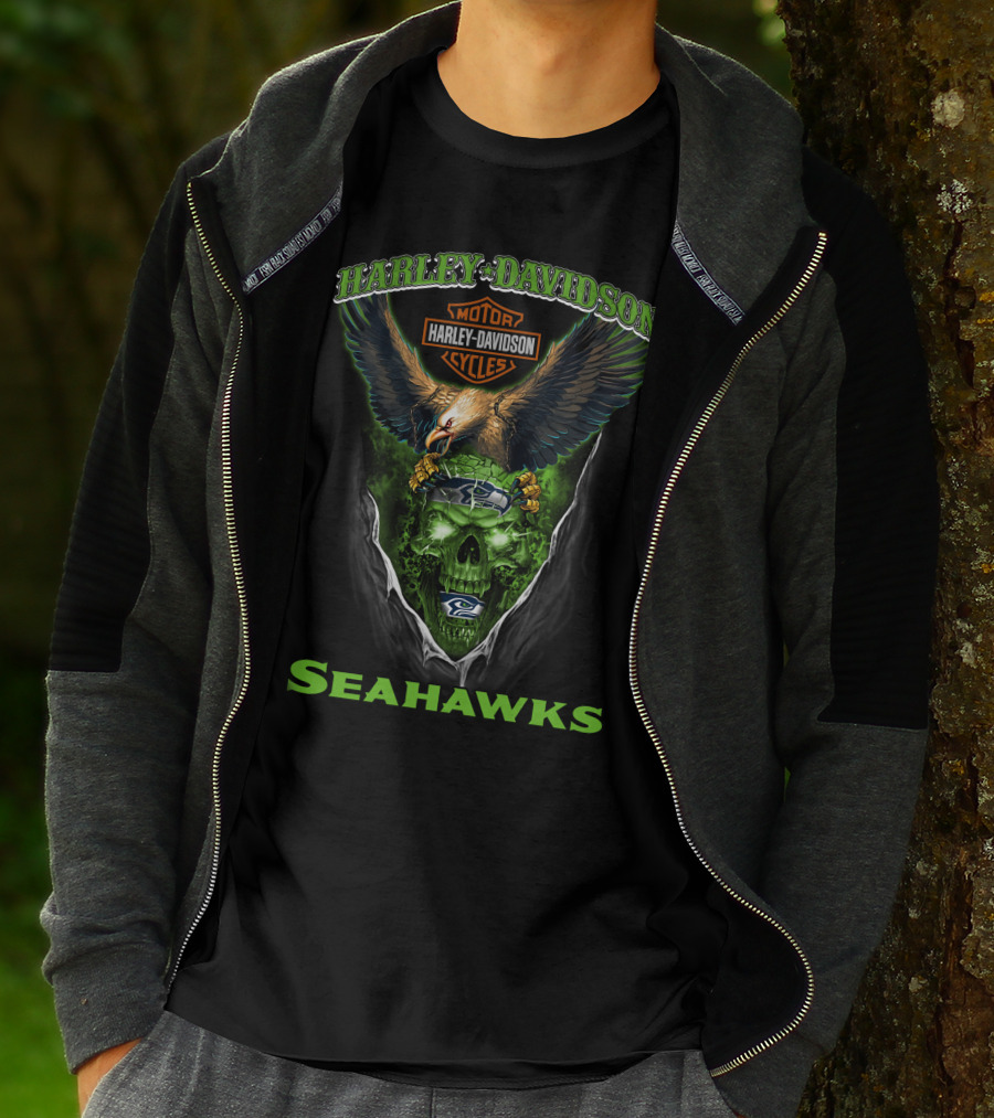 Harley Davidson Motor Cycles Seattle Seahawks Eagle Skull T-Shirt
