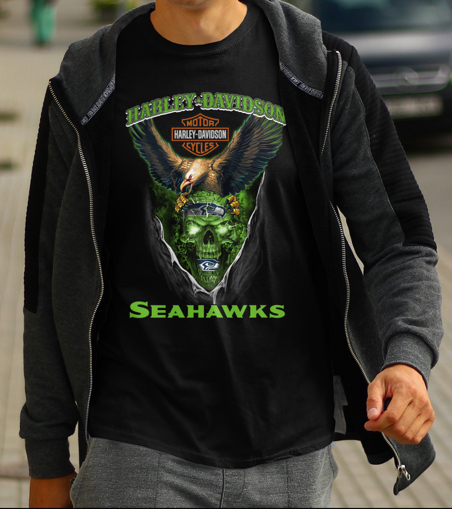 Harley Davidson Motor Cycles Seattle Seahawks Eagle Skull T-Shirt