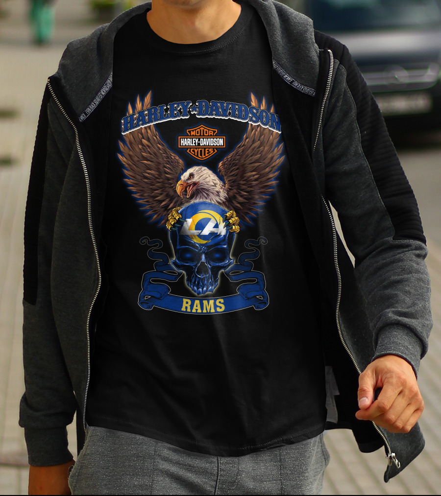 Harley Davidson Motor Cycles Los Angeles Rams Eagle Skull T-Shirt