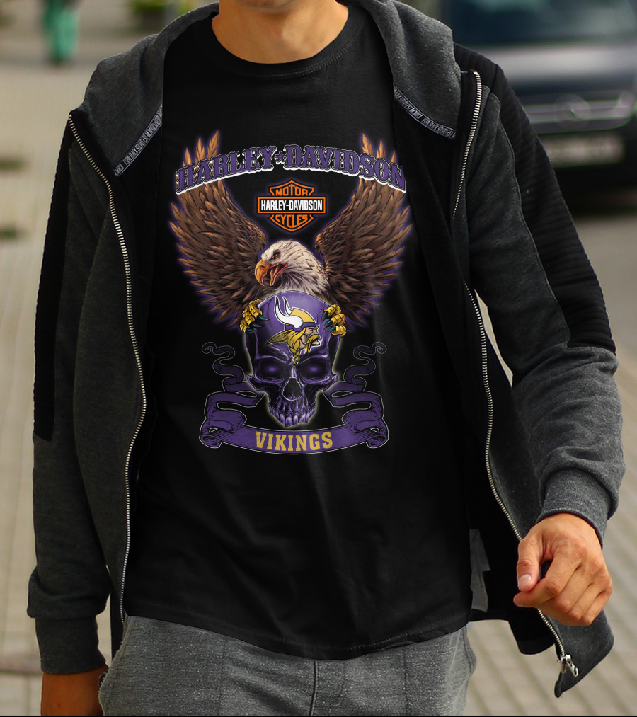 Harley Davidson Motor Cycles Minnesota Vikings Eagle Purple Skull T-Shirt