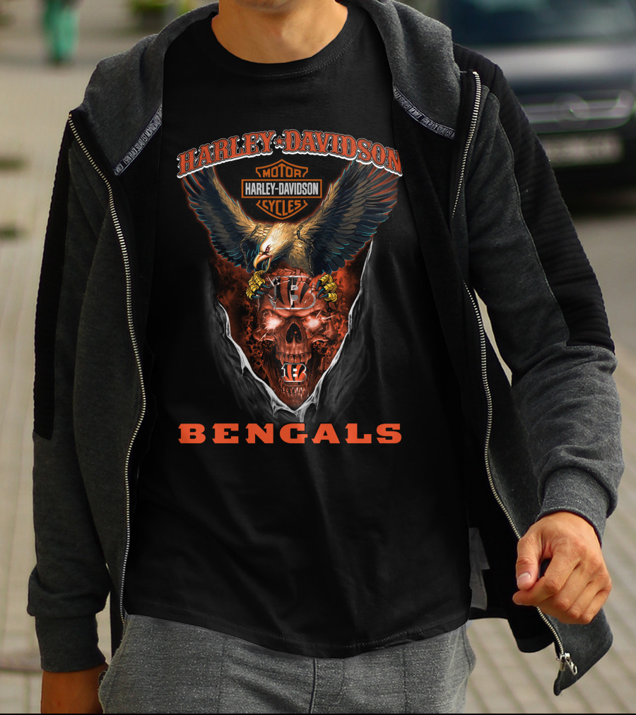 Harley Davidson Motor Cycles Bengals Eagle Skull Cincinnati T-Shirt