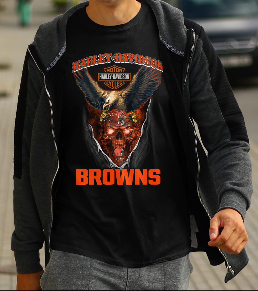 Harley Davidson Cleveland Browns Eagle Skulls Cycles T-Shirt