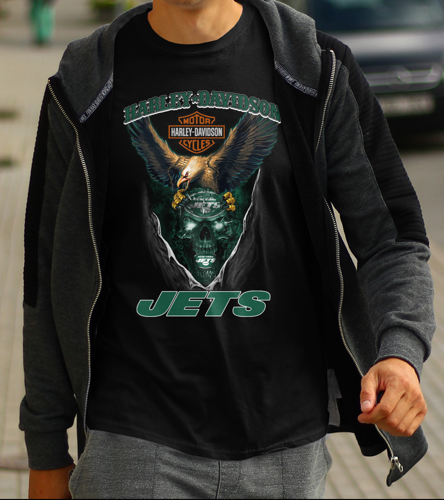 Harley Davidson Motor Cycles Eagle Skull New York Jets T-Shirt