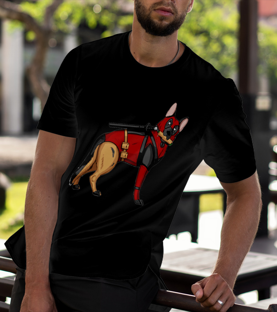 German Shepherd In Deadpool Costume With Sword And Bone T-Shirt