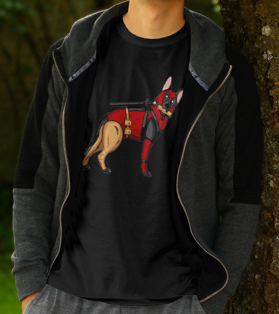 German Shepherd In Deadpool Costume With Sword And Bone T-Shirt