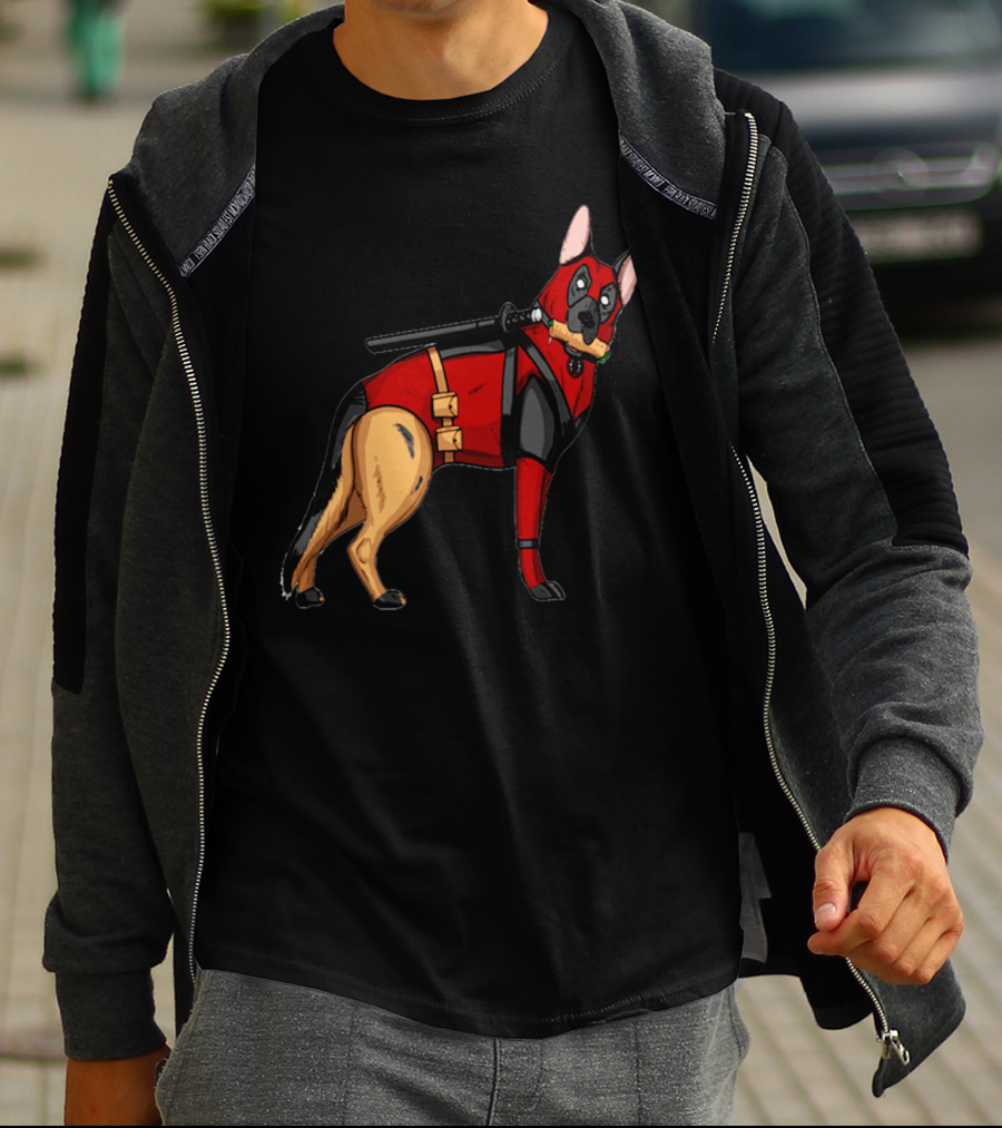 German Shepherd In Deadpool Costume With Sword And Bone T-Shirt