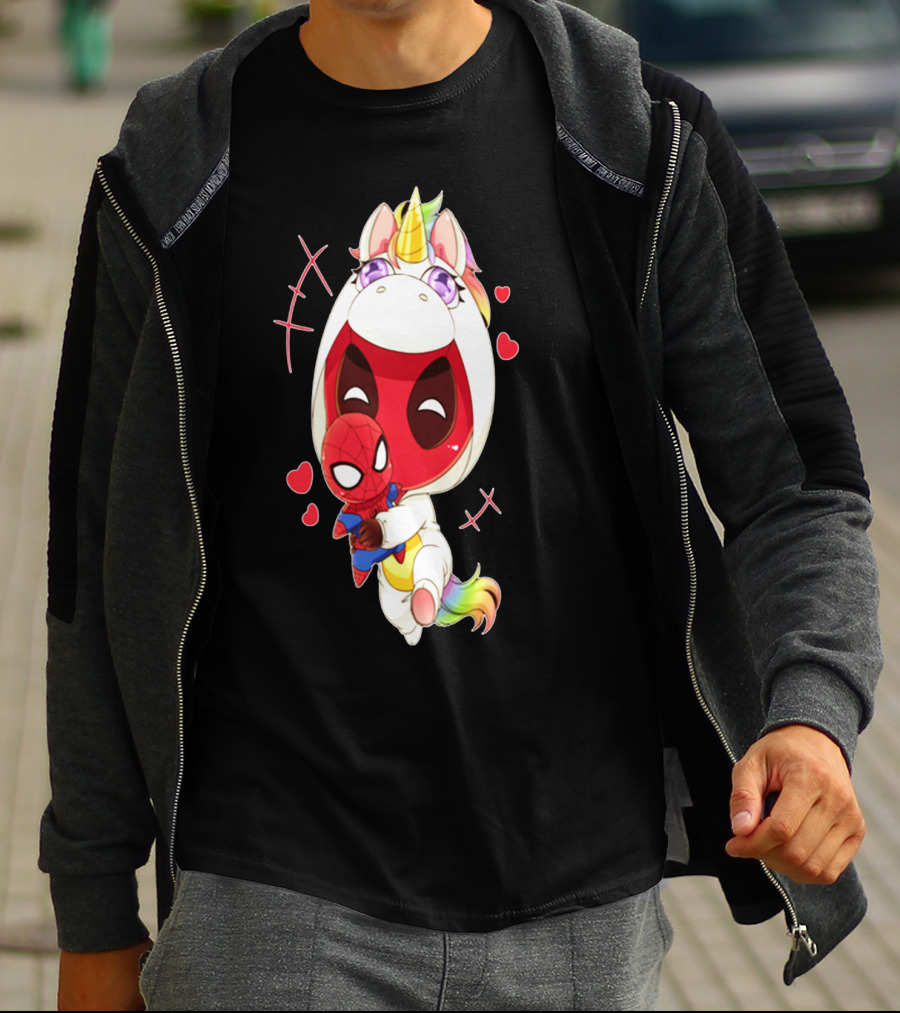 Deadpool IN Unicorn Costume Hugging Spiderman Plush With Hearts And Smiling Face T-Shirt