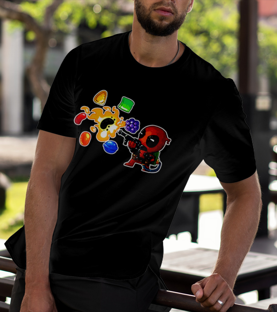 Deadpool Candy Explosion With Shooting Gun And Colorful Sweets T-Shirt